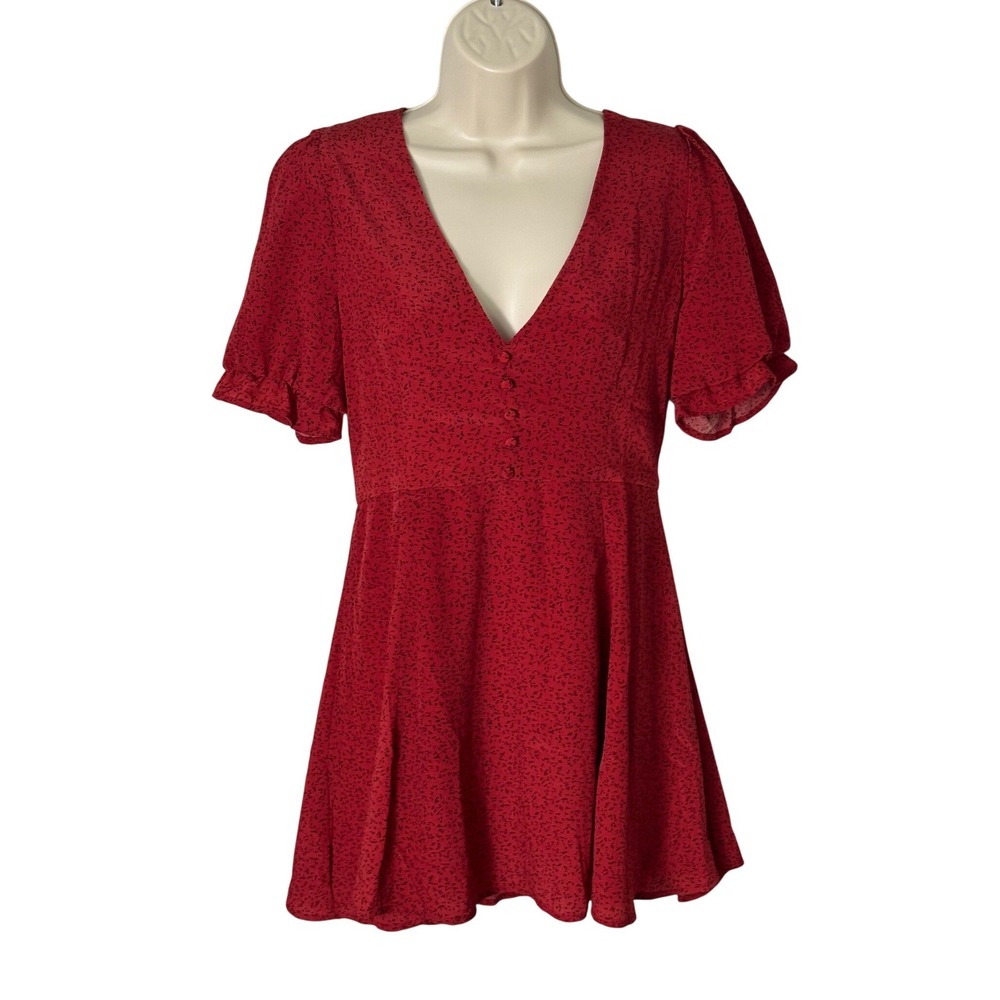 Princess Polly Red Mini Floral Fit and Flare V-Neck Dress Puff Sleeve Size‎ 6